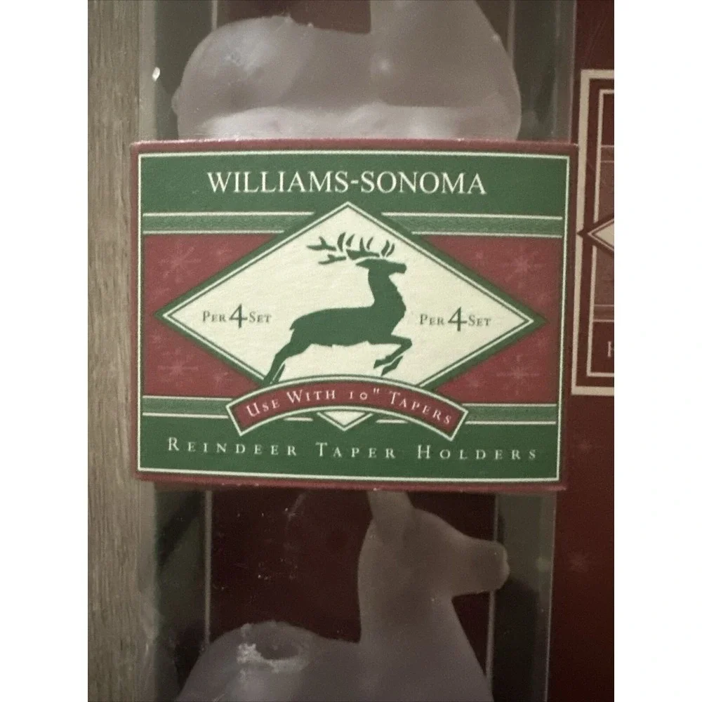 Williams Sonoma Christmas Reindeer Deer Tiny Taper Holders Solid Frosted Glass 4